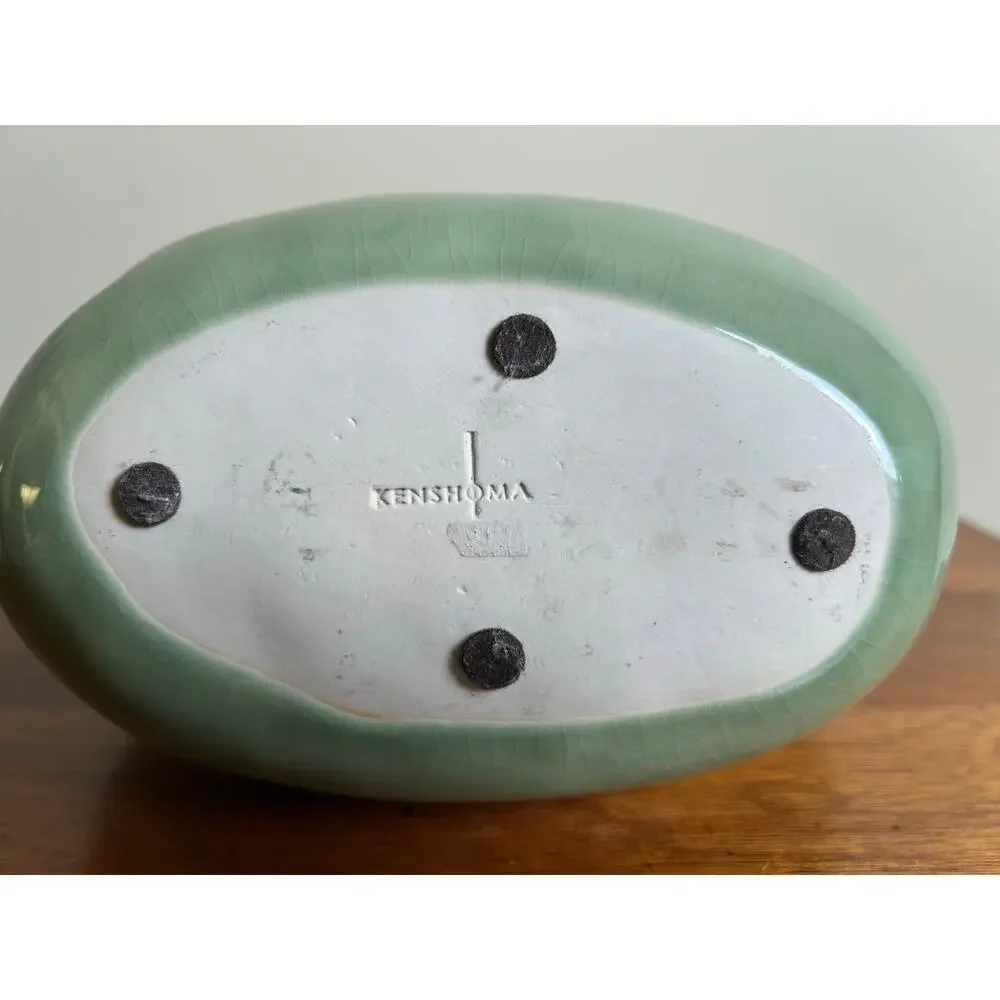 Vintage Kenshoma Studio Pottery Vase, Green Oval Ceramic Vase